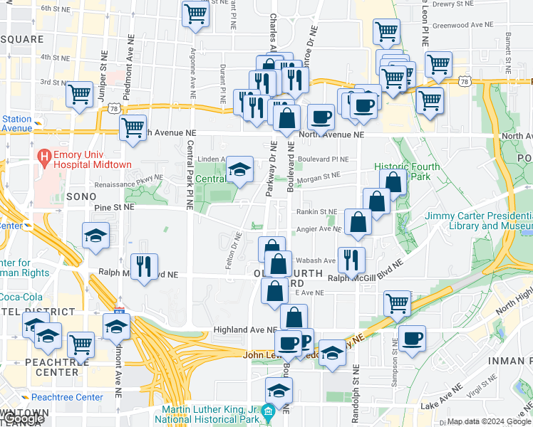 map of restaurants, bars, coffee shops, grocery stores, and more near 448 Parkway Drive Northeast in Atlanta