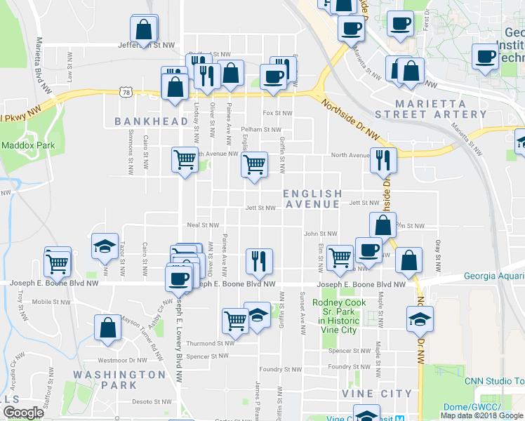 map of restaurants, bars, coffee shops, grocery stores, and more near 459 James P Brawley Drive Northwest in Atlanta