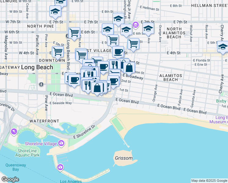 map of restaurants, bars, coffee shops, grocery stores, and more near 21 Alamitos Avenue in Long Beach