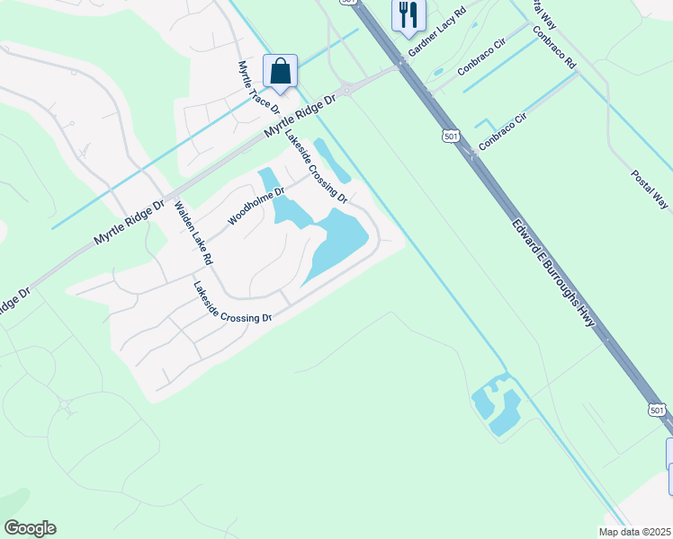 map of restaurants, bars, coffee shops, grocery stores, and more near 267 Lakeside Crossing Drive in Conway