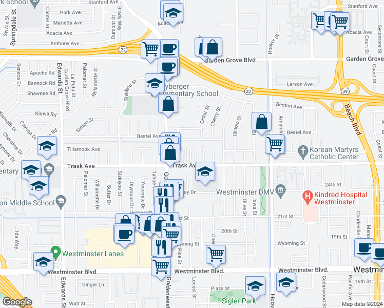map of restaurants, bars, coffee shops, grocery stores, and more near 13460 Freedom Way in Westminster