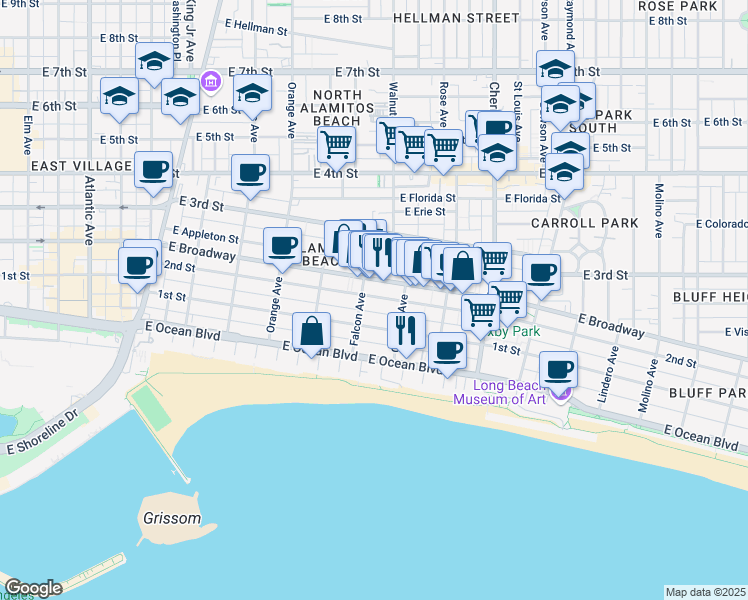 map of restaurants, bars, coffee shops, grocery stores, and more near 1520 East 2nd Street in Long Beach