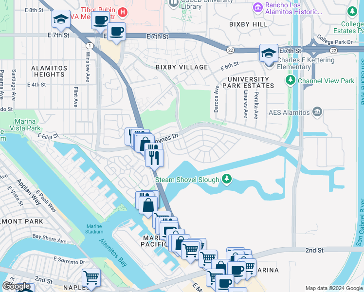 map of restaurants, bars, coffee shops, grocery stores, and more near 302 North Jade Cove Drive in Long Beach