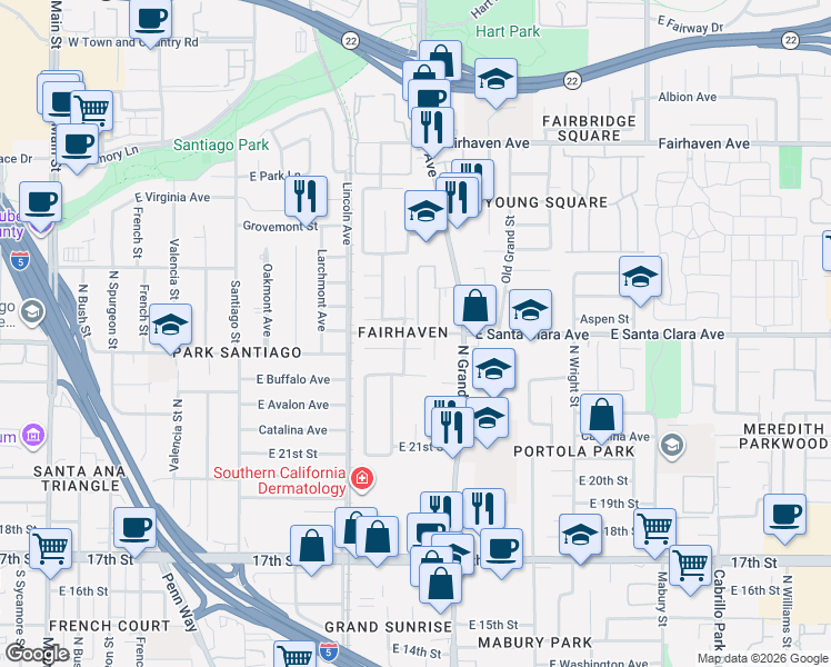 map of restaurants, bars, coffee shops, grocery stores, and more near in Santa Ana