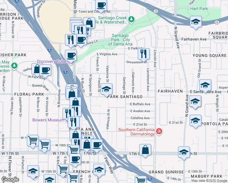 map of restaurants, bars, coffee shops, grocery stores, and more near 504 East Santa Clara Avenue in Santa Ana
