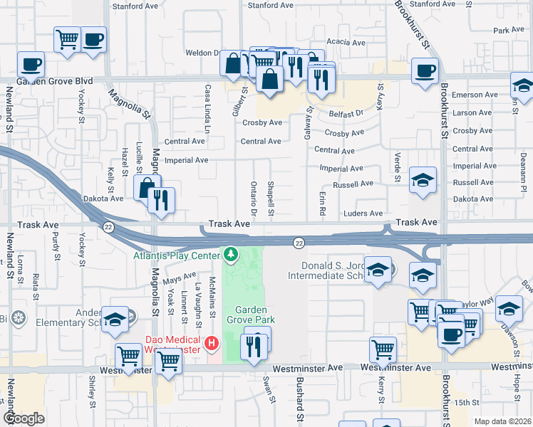 map of restaurants, bars, coffee shops, grocery stores, and more near 9222 Trask Avenue in Garden Grove