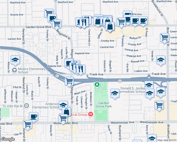 map of restaurants, bars, coffee shops, grocery stores, and more near 13471 Mickey Street in Garden Grove