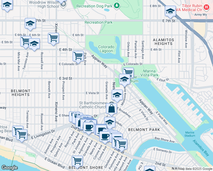 map of restaurants, bars, coffee shops, grocery stores, and more near 5041 East Vista Street in Long Beach