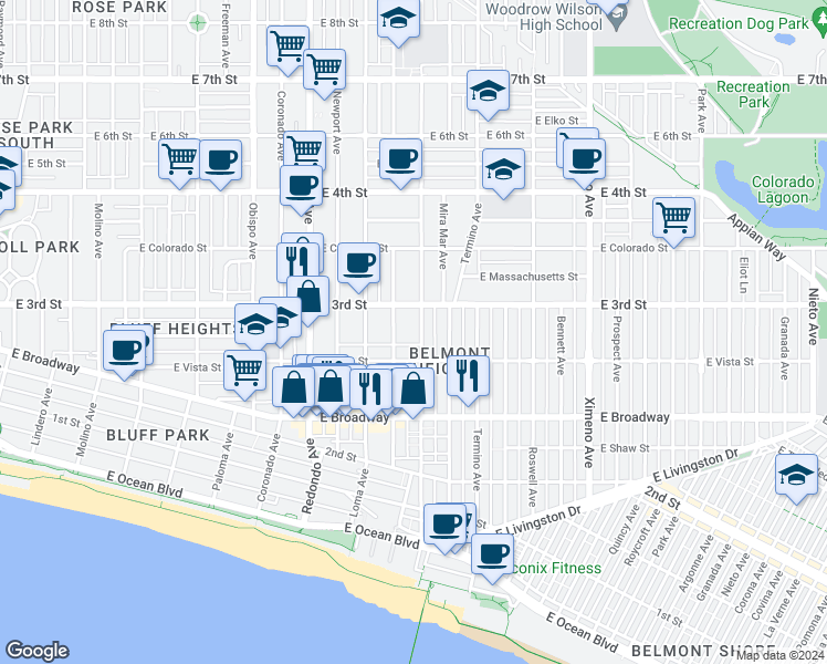 map of restaurants, bars, coffee shops, grocery stores, and more near 252 Euclid Avenue in Long Beach