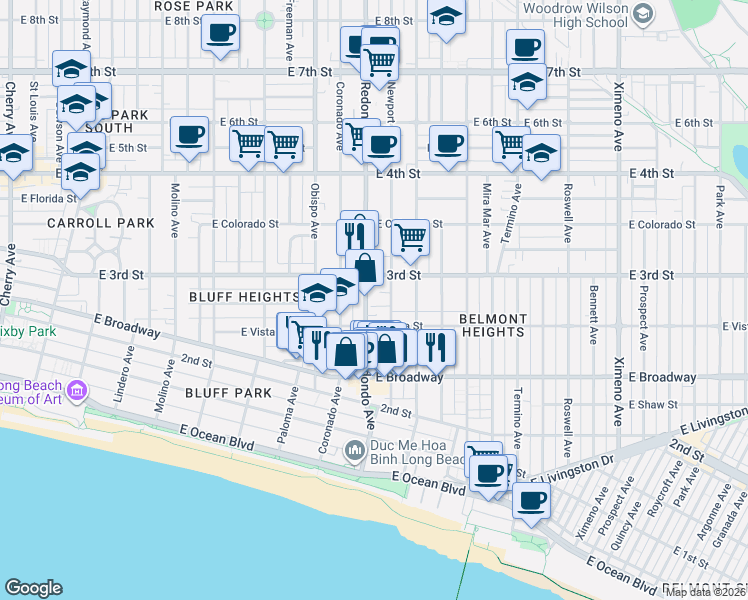 map of restaurants, bars, coffee shops, grocery stores, and more near 254 Redondo Avenue in Long Beach