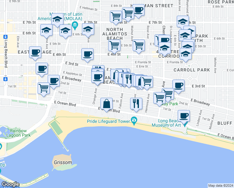 map of restaurants, bars, coffee shops, grocery stores, and more near 1326 East 1st Street in Long Beach
