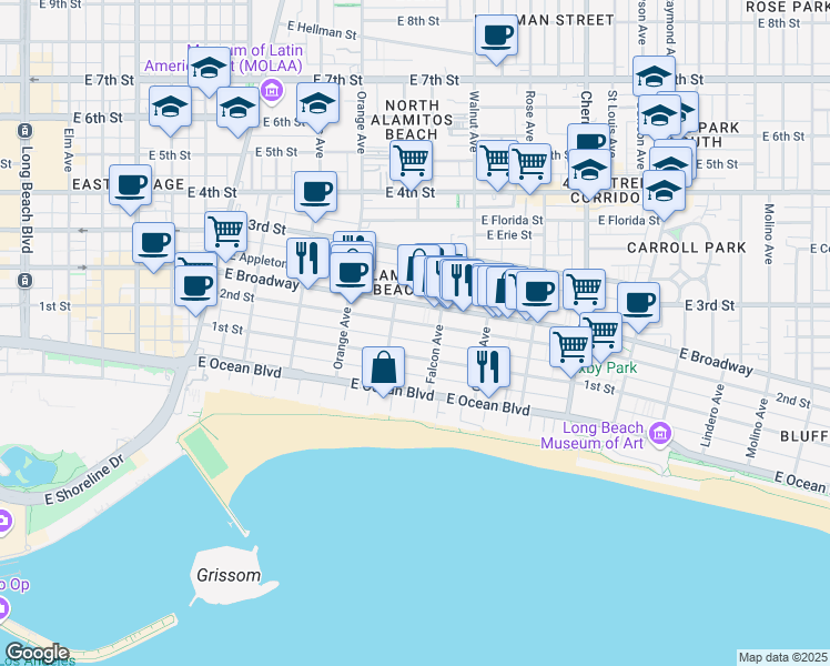 map of restaurants, bars, coffee shops, grocery stores, and more near 1326 East 1st Street in Long Beach