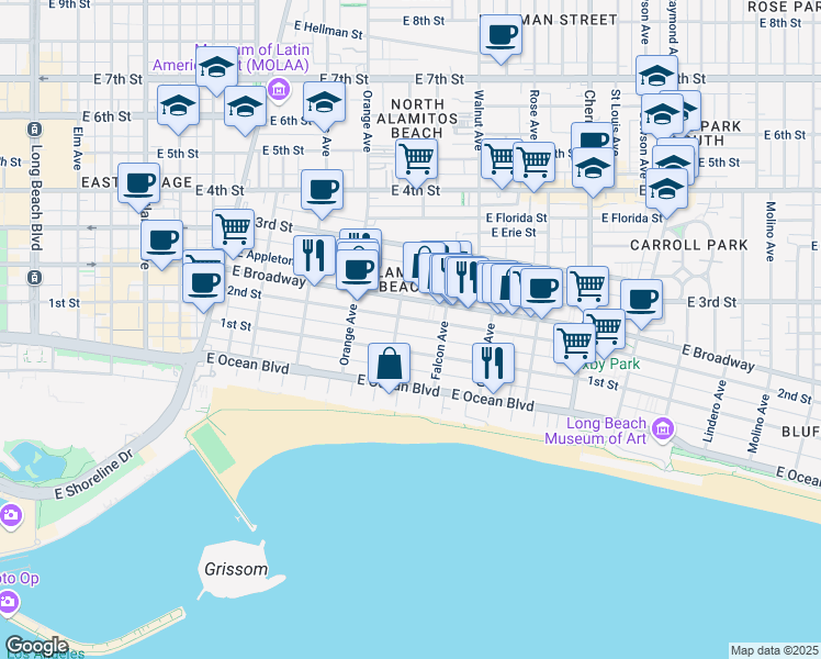 map of restaurants, bars, coffee shops, grocery stores, and more near 1326 East 1st Street in Long Beach