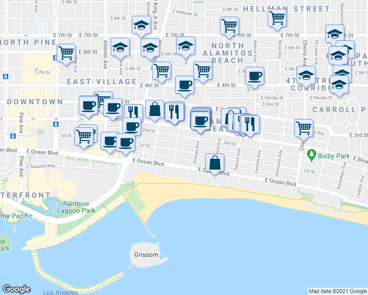 map of restaurants, bars, coffee shops, grocery stores, and more near 33 Orange Avenue in Long Beach