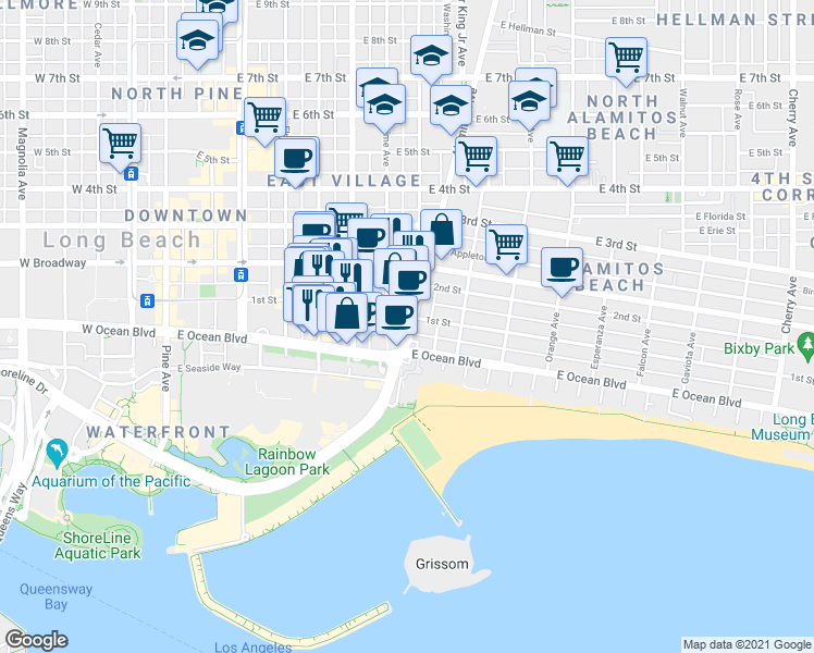 map of restaurants, bars, coffee shops, grocery stores, and more near in Long Beach