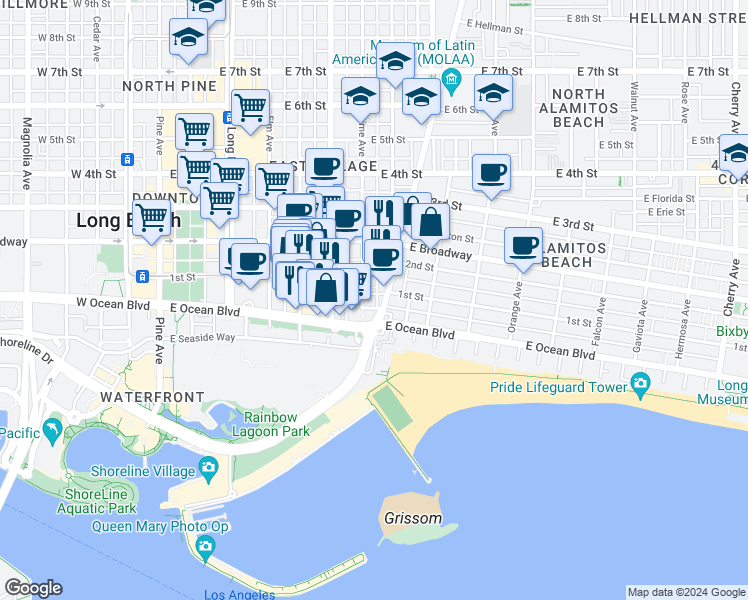 map of restaurants, bars, coffee shops, grocery stores, and more near in Long Beach
