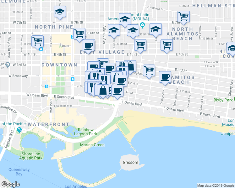 map of restaurants, bars, coffee shops, grocery stores, and more near 719 East Ocean Boulevard in Long Beach