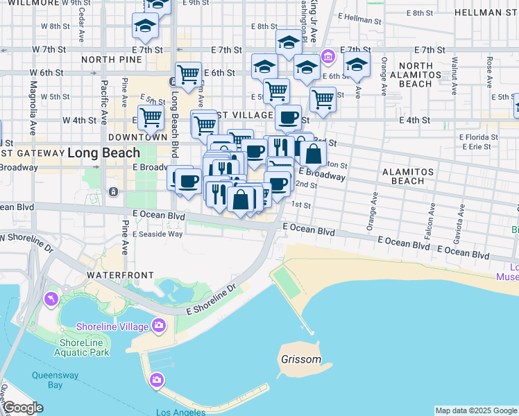 map of restaurants, bars, coffee shops, grocery stores, and more near in Long Beach