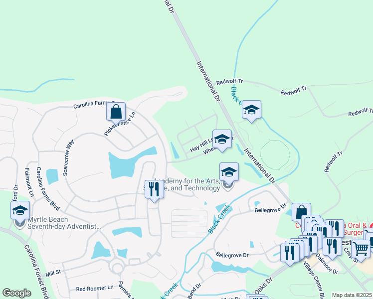 map of restaurants, bars, coffee shops, grocery stores, and more near 105 Mountain Ash Lane in Myrtle Beach
