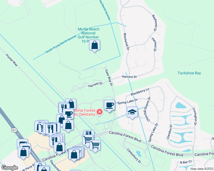 map of restaurants, bars, coffee shops, grocery stores, and more near 102 Britewater Court in Myrtle Beach