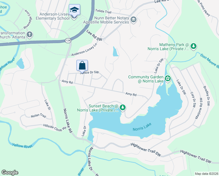 map of restaurants, bars, coffee shops, grocery stores, and more near 4505 Amy Road in Snellville