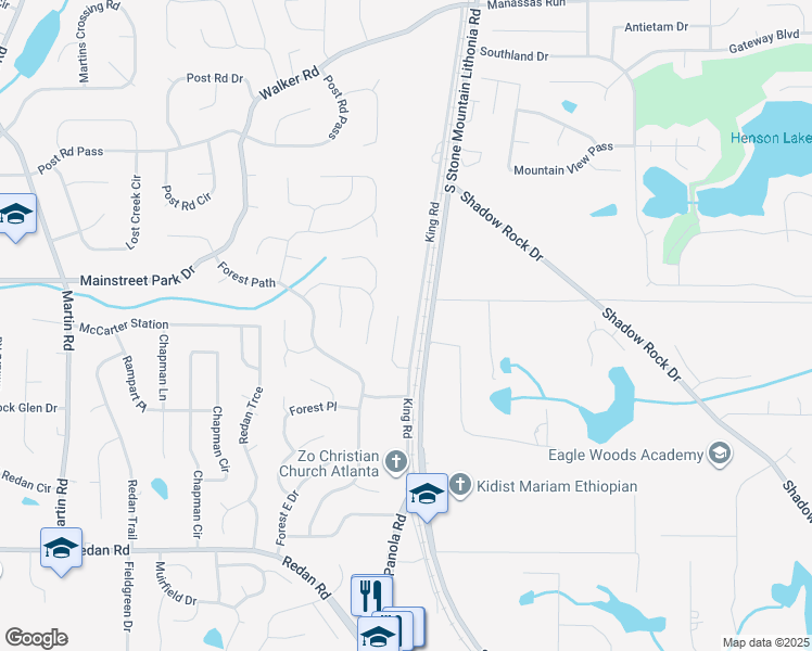 map of restaurants, bars, coffee shops, grocery stores, and more near 5450 Farmview Close in Stone Mountain