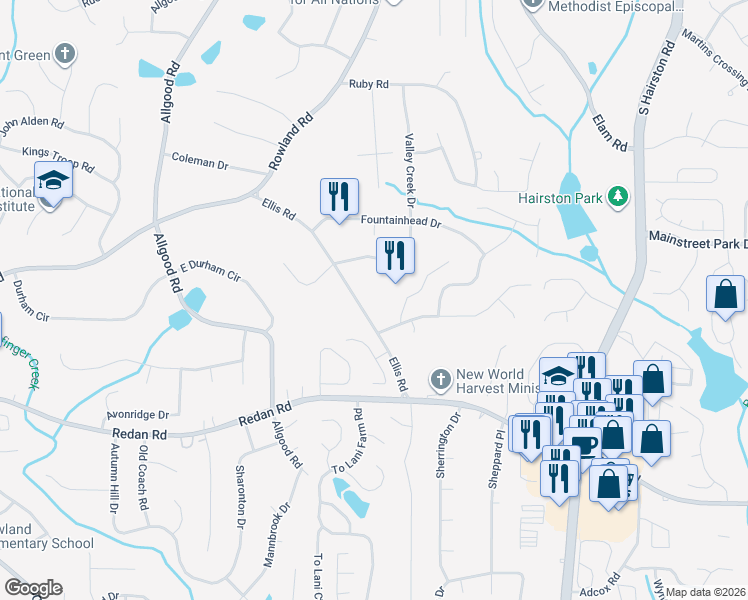 map of restaurants, bars, coffee shops, grocery stores, and more near 978 Ellis Road in Stone Mountain