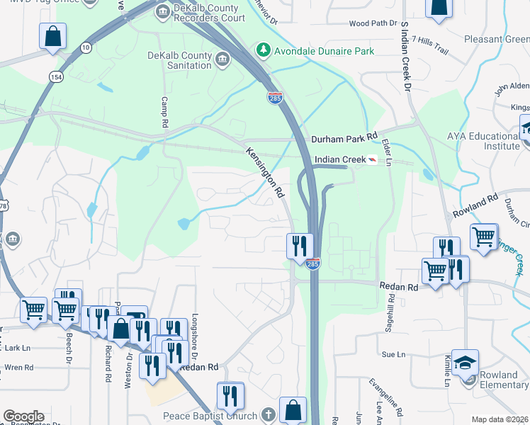 map of restaurants, bars, coffee shops, grocery stores, and more near 3814 Kensingwood Trce in Decatur