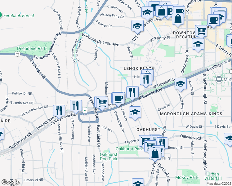 map of restaurants, bars, coffee shops, grocery stores, and more near 106b Drexel Avenue in Decatur