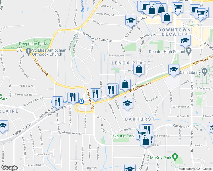 map of restaurants, bars, coffee shops, grocery stores, and more near 106b Drexel Avenue in Decatur