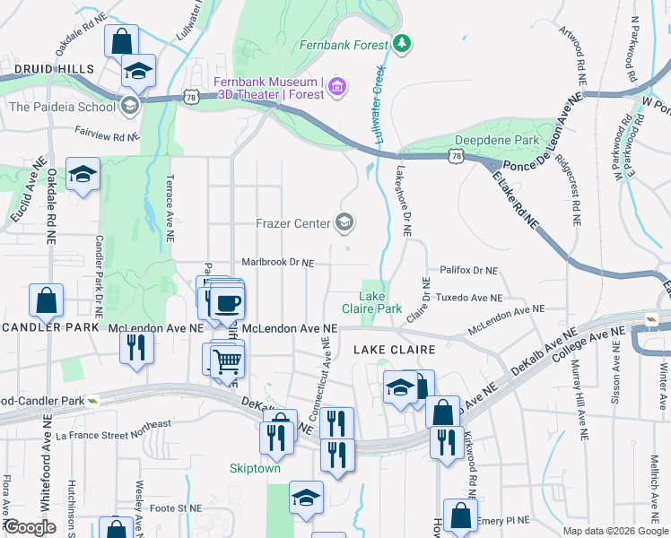 map of restaurants, bars, coffee shops, grocery stores, and more near 477 Ridgewood Road Northeast in Atlanta