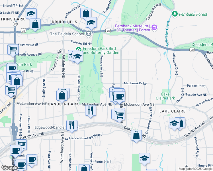 map of restaurants, bars, coffee shops, grocery stores, and more near 1601 Marlbrook Drive Northeast in Atlanta