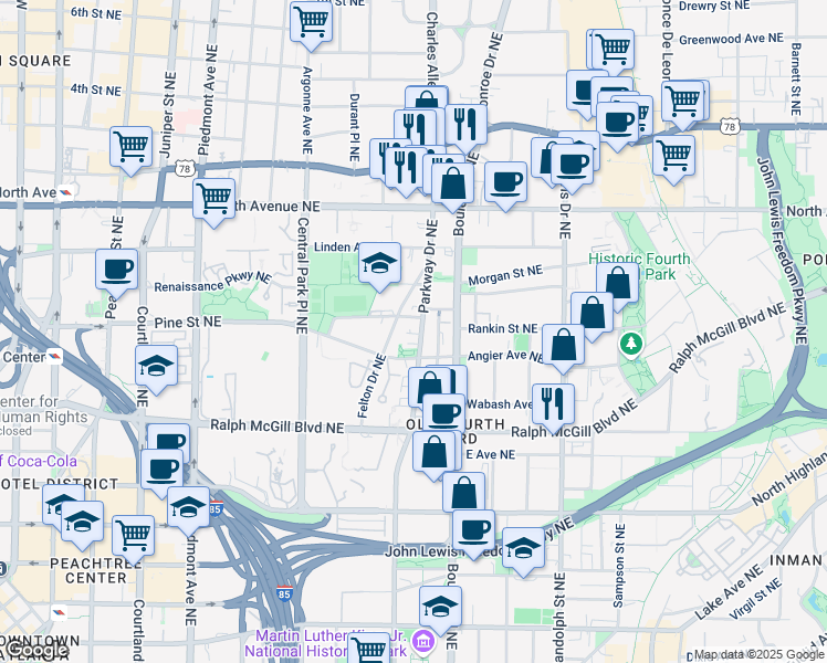map of restaurants, bars, coffee shops, grocery stores, and more near 472 Parkway Drive Northeast in Atlanta