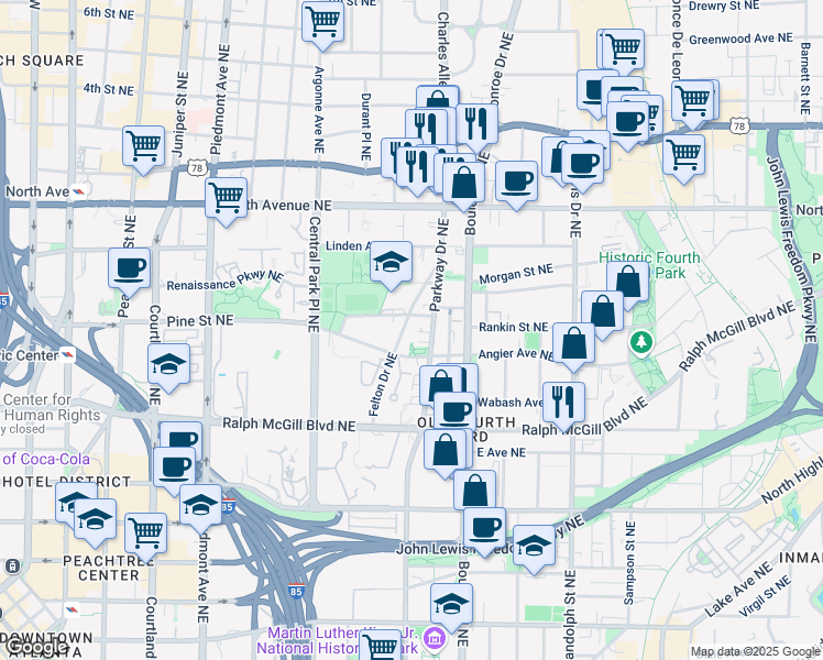 map of restaurants, bars, coffee shops, grocery stores, and more near 448 Parkway Drive Northeast in Atlanta