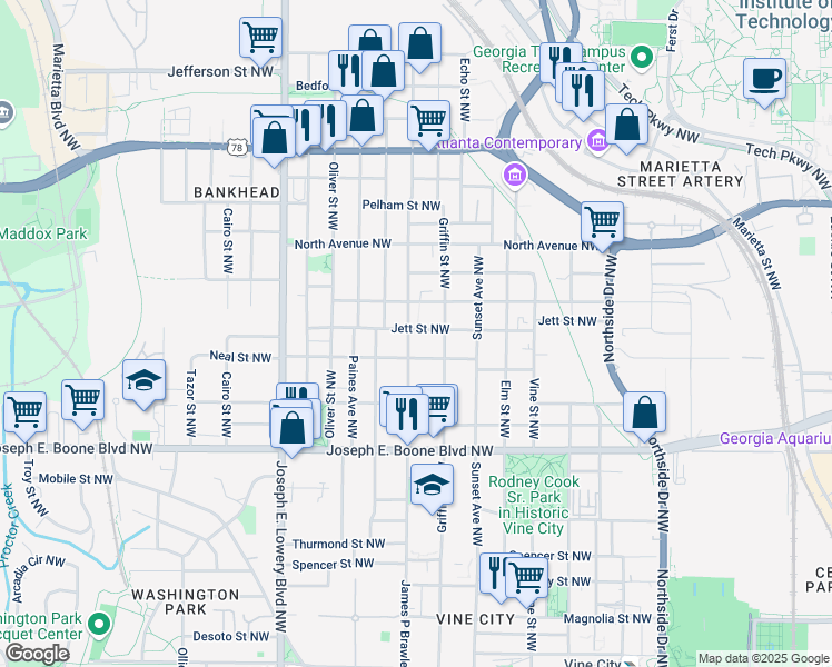 map of restaurants, bars, coffee shops, grocery stores, and more near 459 James P Brawley Drive Northwest in Atlanta