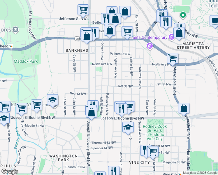 map of restaurants, bars, coffee shops, grocery stores, and more near 459 Paines Avenue Northwest in Atlanta
