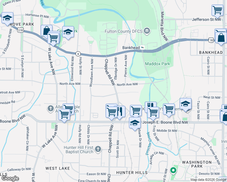 map of restaurants, bars, coffee shops, grocery stores, and more near Kennesaw Drive Northwest in Atlanta