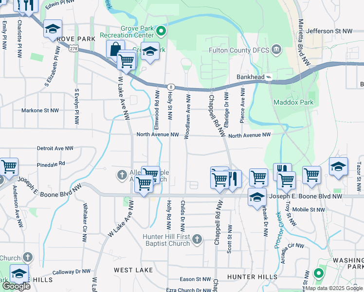 map of restaurants, bars, coffee shops, grocery stores, and more near 416 Woodlawn Avenue Northwest in Atlanta