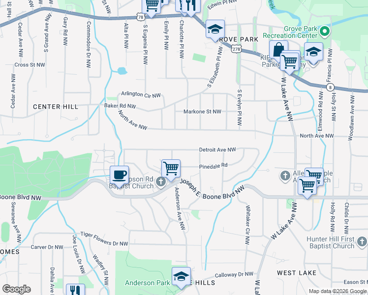map of restaurants, bars, coffee shops, grocery stores, and more near 1951 Detroit Avenue Northwest in Atlanta
