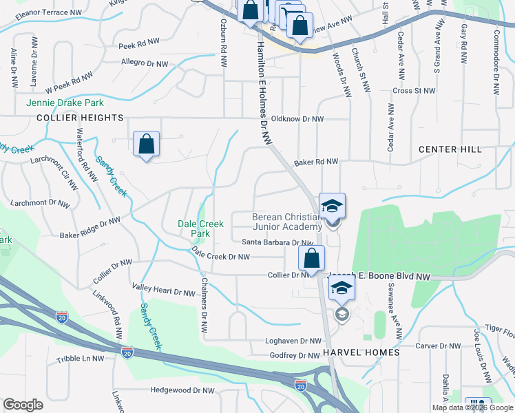 map of restaurants, bars, coffee shops, grocery stores, and more near 2631 Santa Monica Drive Northwest in Atlanta