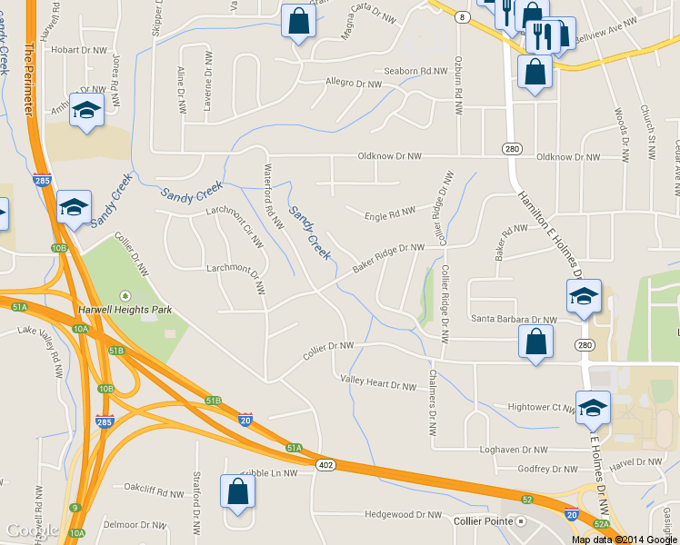 map of restaurants, bars, coffee shops, grocery stores, and more near 2874 Baker Ridge Drive Northwest in Atlanta