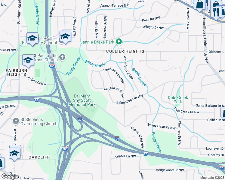 map of restaurants, bars, coffee shops, grocery stores, and more near 490 Larchmont Drive Northwest in Atlanta