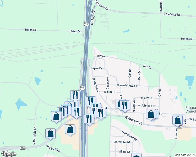 map of restaurants, bars, coffee shops, grocery stores, and more near 3030 West Morton Street in Denison