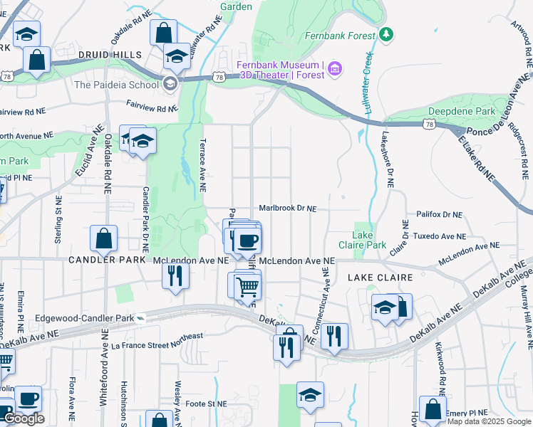 map of restaurants, bars, coffee shops, grocery stores, and more near 476 Hardendorf Avenue Northeast in Atlanta