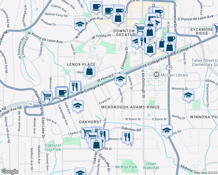 map of restaurants, bars, coffee shops, grocery stores, and more near 120 Greenwood Avenue in Decatur