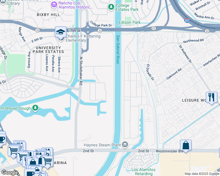 map of restaurants, bars, coffee shops, grocery stores, and more near 690 North Studebaker Road in Long Beach