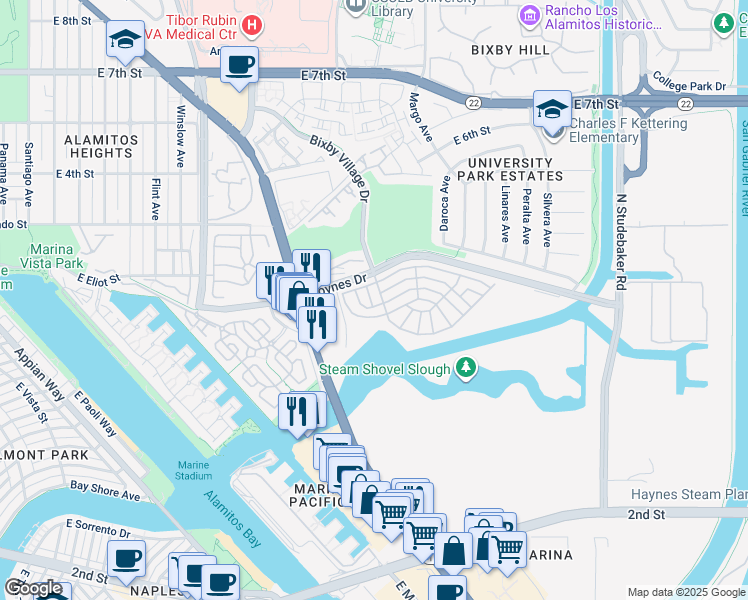 map of restaurants, bars, coffee shops, grocery stores, and more near 302 North Jade Cove Drive in Long Beach