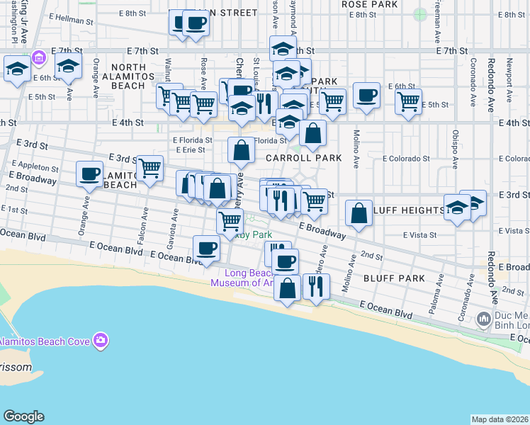 map of restaurants, bars, coffee shops, grocery stores, and more near 2081 East Broadway in Long Beach