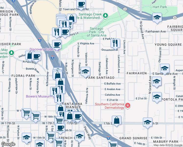 map of restaurants, bars, coffee shops, grocery stores, and more near 2314 Poinsettia Street North in Santa Ana