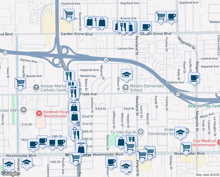 map of restaurants, bars, coffee shops, grocery stores, and more near 13502 Sunnyvale Avenue in Westminster